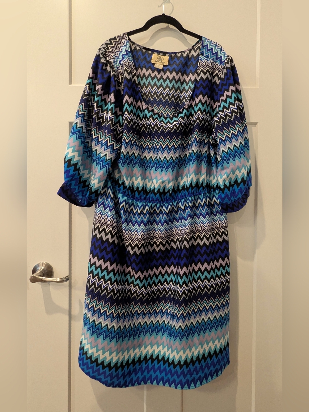 Blue Chevron Midi Dress with Elastic Waist